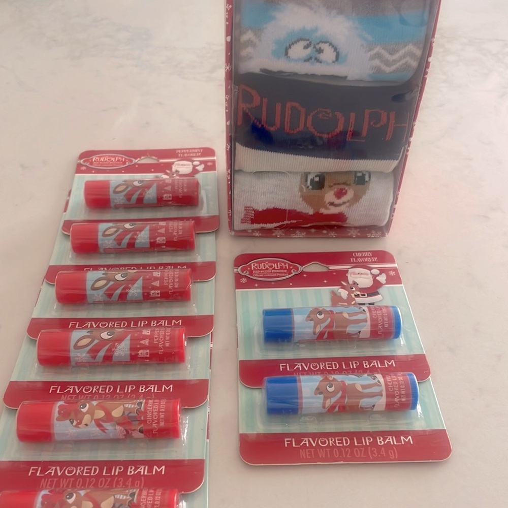 Rudolph crew, socks, and lip glosses